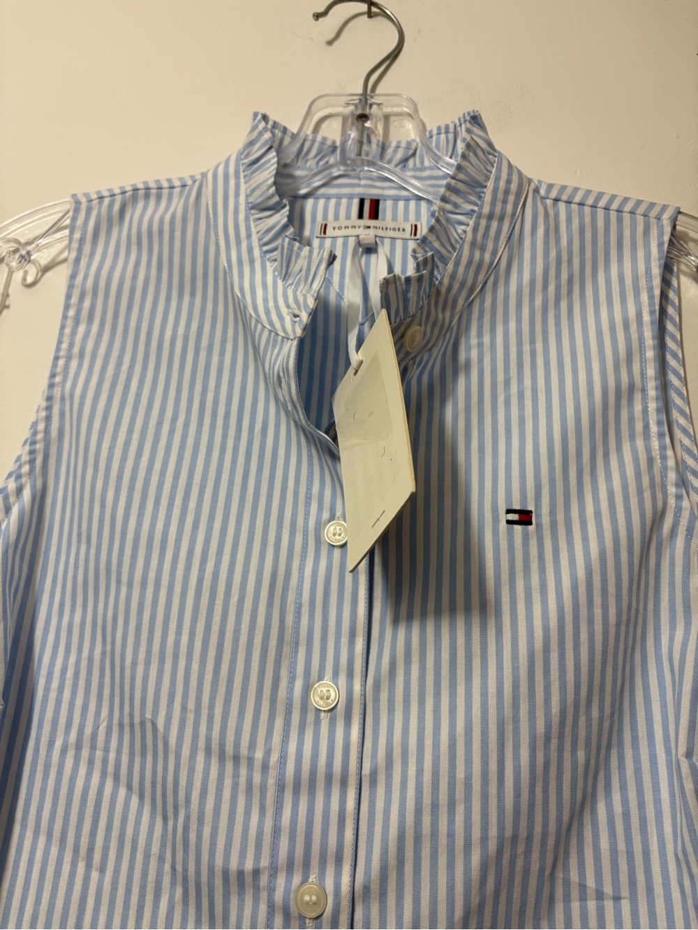 Tommy Hilfiger Blue and White Striped Sleeveless Ruffle Collar Shirt